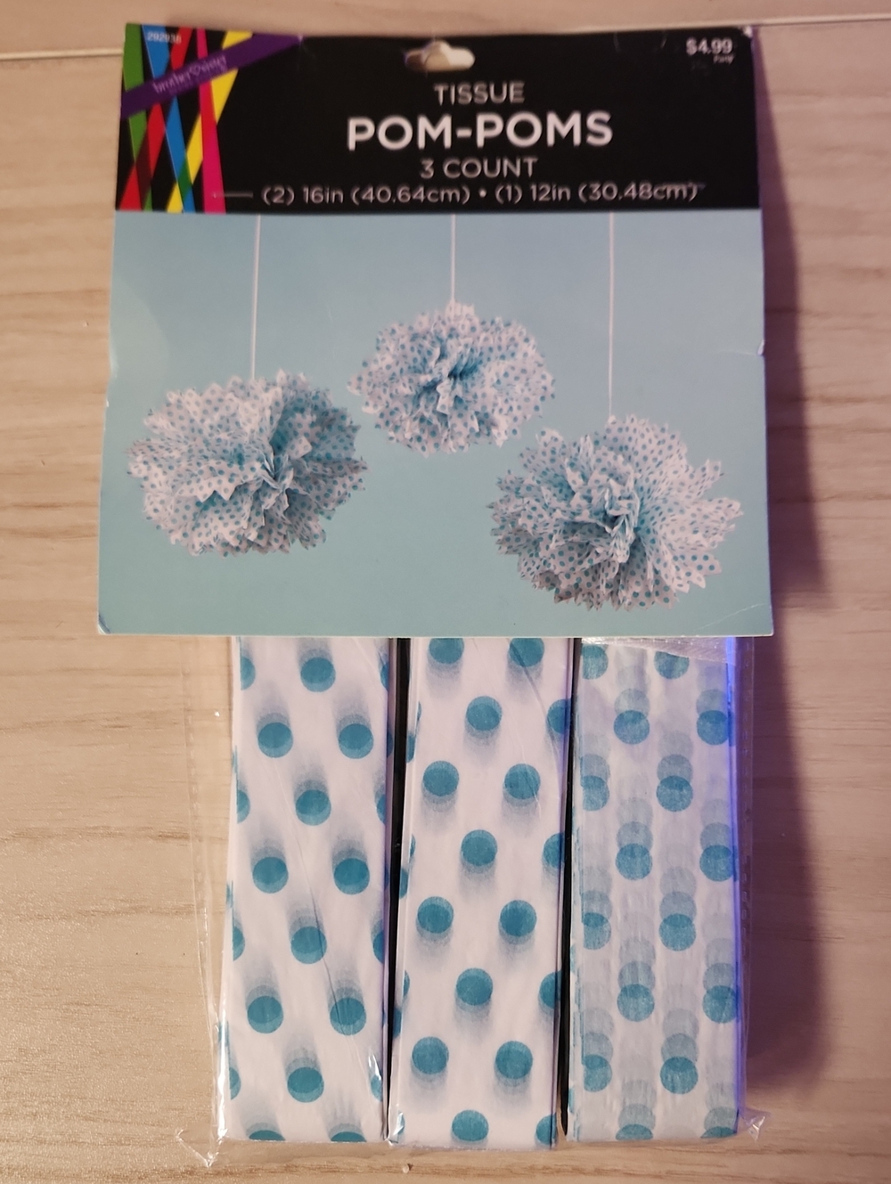 Tissue Pom-Poms Party Decorations - Blue Polka Dot (3 Count)